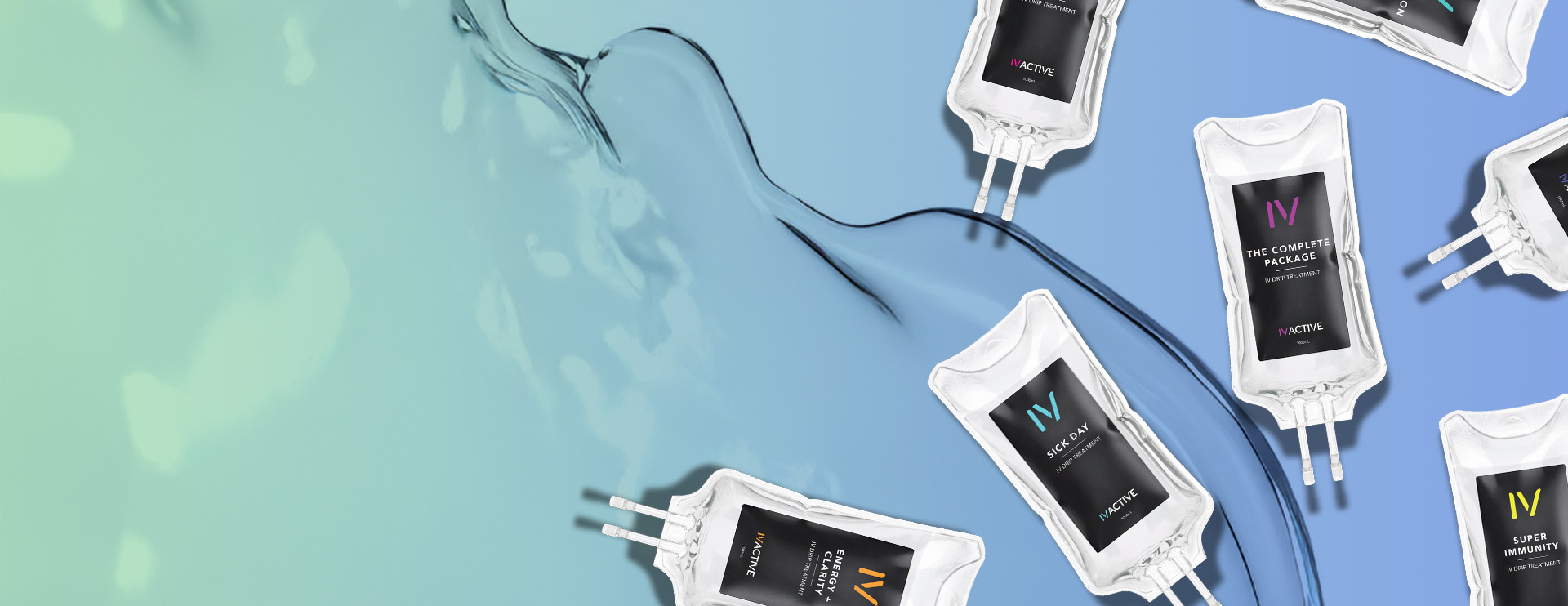 IV ACTIVE drip treatment bags on a green-blue gradient background.